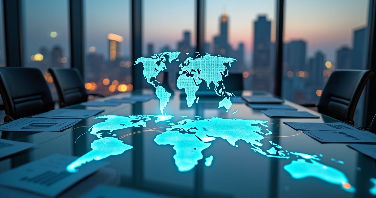 Mapa mundial projetado sobre mesa com documentos fiscais e gráficos de investimentos 