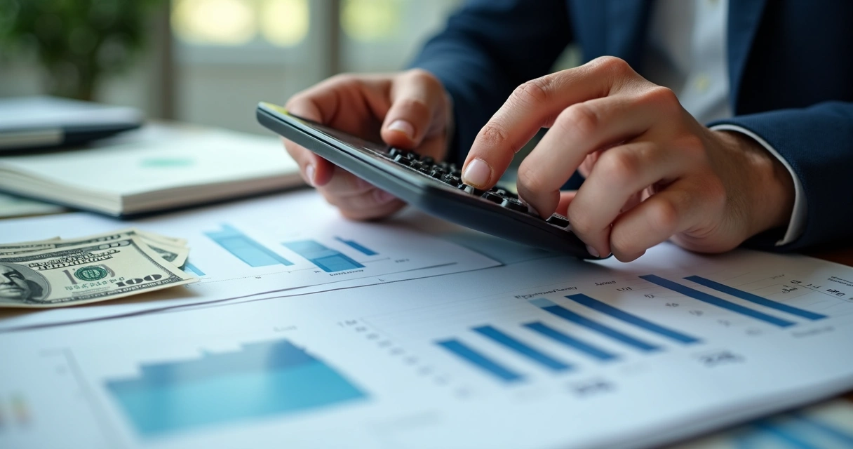 Planilha financeira, mãos masculinas com calculadora, cédulas de dólar e gráficos 