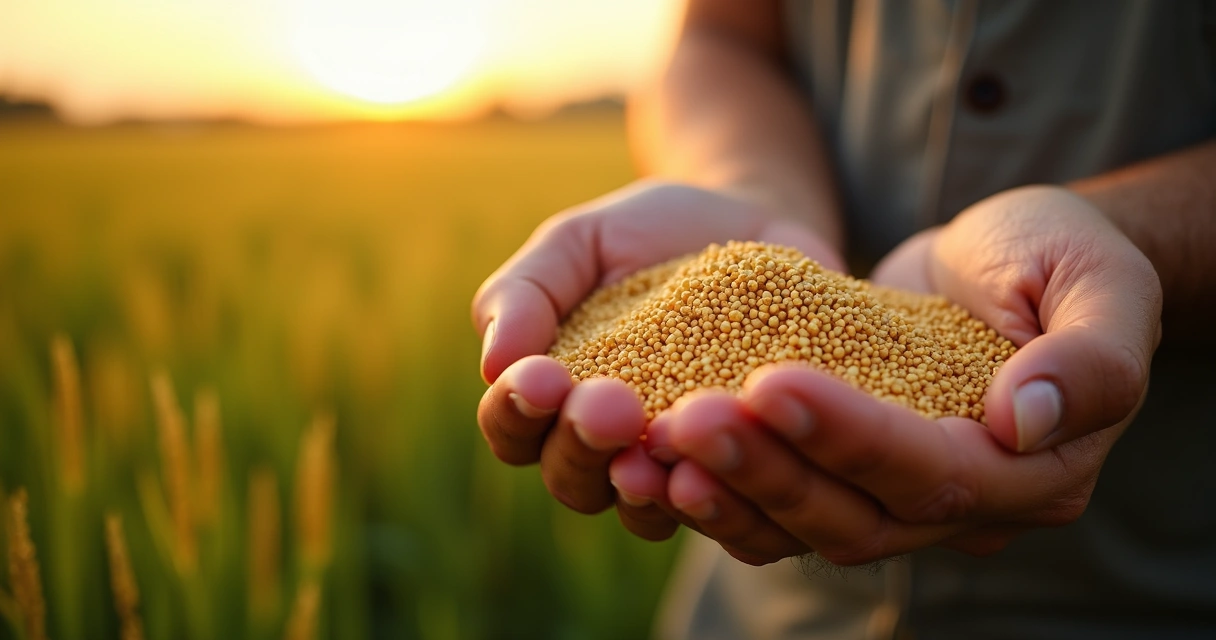 Grãos dourados em mãos diante de campo saudável 