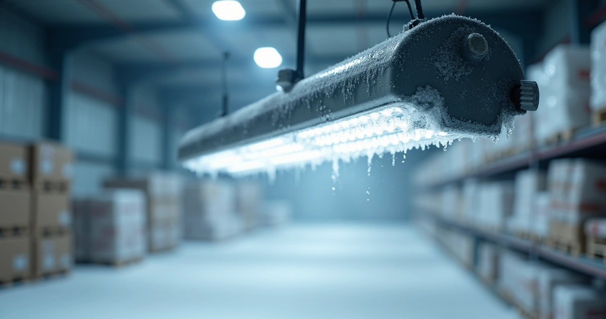 Luminária industrial com grau de proteção IP65 montada em câmara fria 