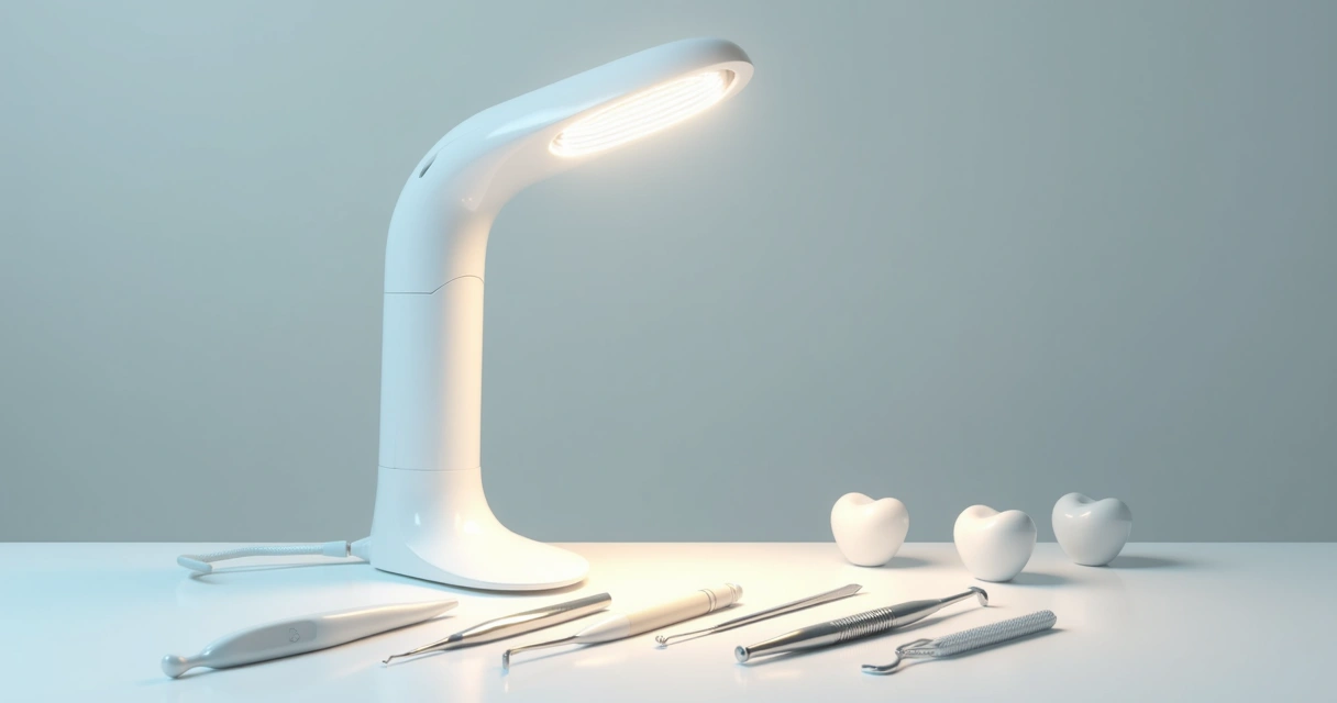Luminária de LED branca ao lado de instrumentais odontológicos 