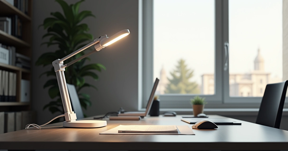 Luminária LED moderna em mesa de home office ao lado de janela clara 