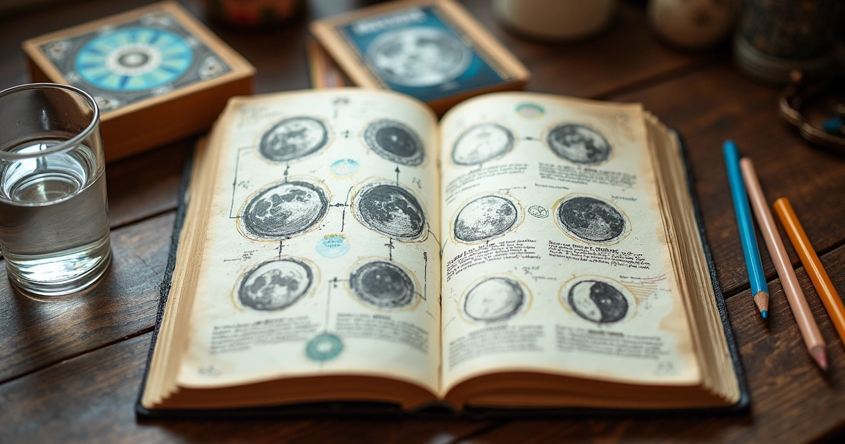 Tarot journal displaying lunar phases and annotated spread results 