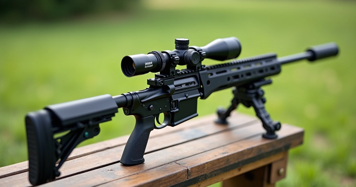 Luneta instalada em rifle de airsoft em campo aberto 