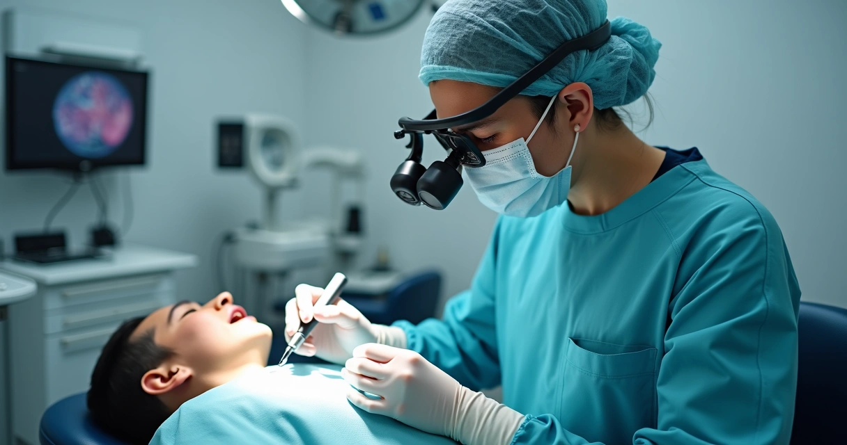 Cirurgião-dentista ajustando lupa binocular durante procedimento 