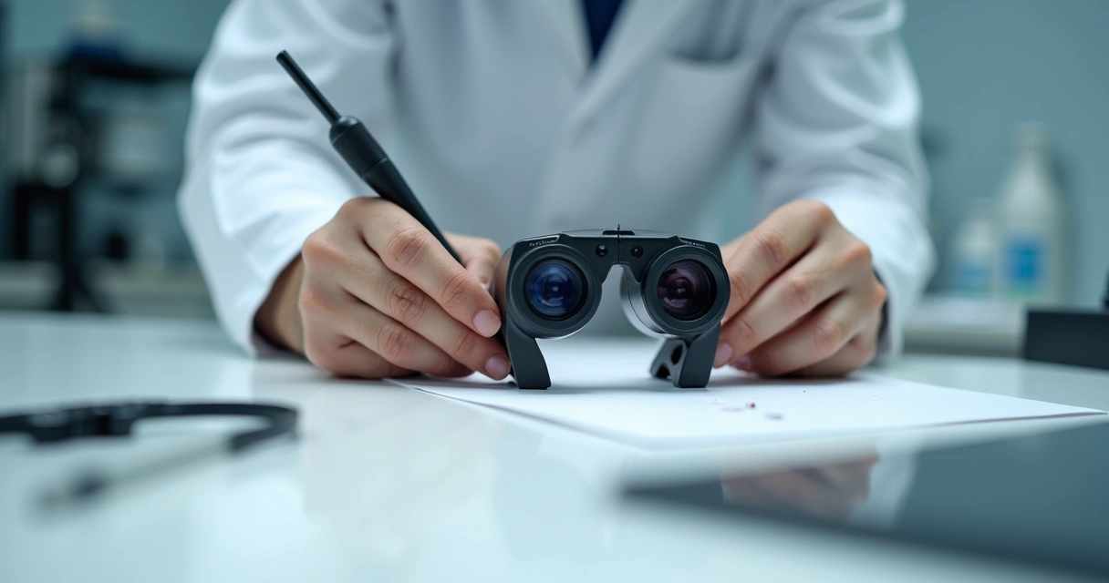 Profissional examinando lupa binocular Zumax sobre bancada branca 