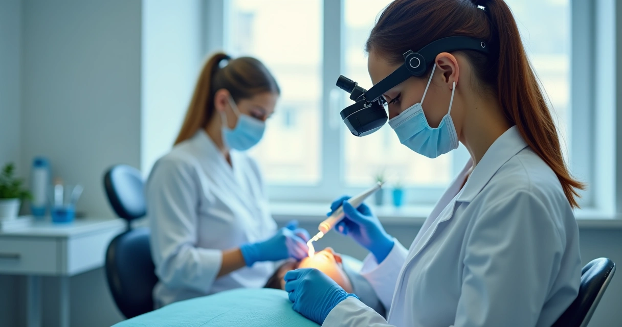 Profissional utilizando lupa binocular em clínica de odontologia, focado em um procedimento detalhado 