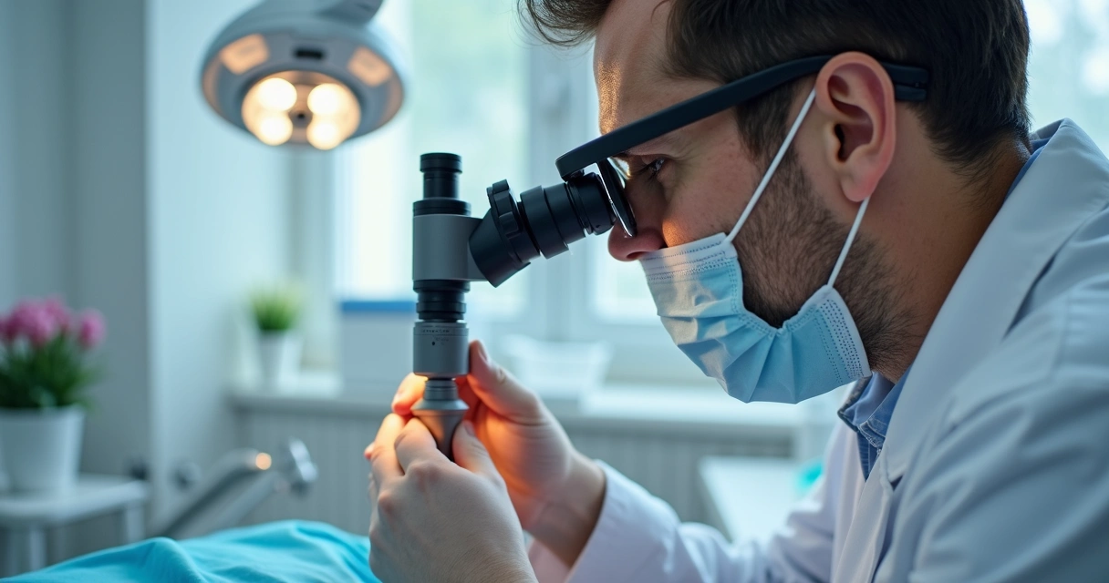 Dentista usando lupa binocular profissional ajustando o foco no consultório 