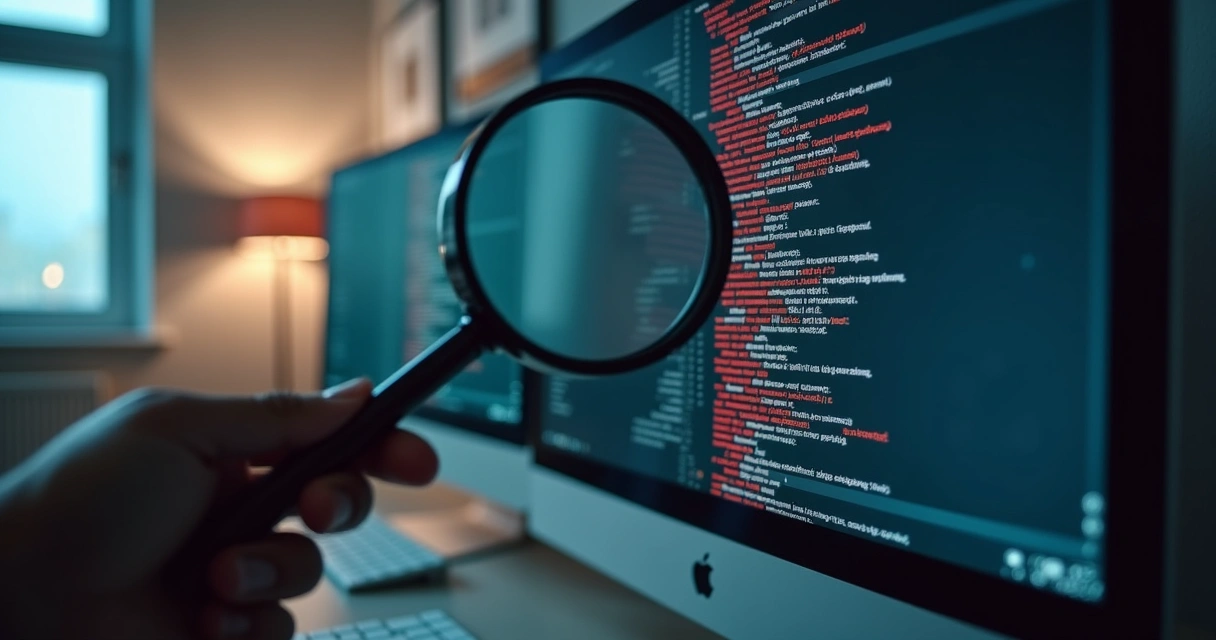 Pessoa segura lupa sobre tela de computador com códigos suspeitos 