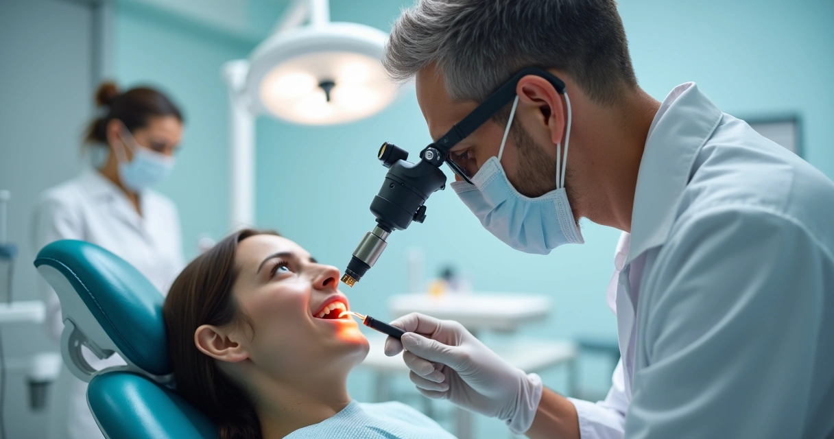 Dentista utilizando lupa durante preparo cavitário em paciente 