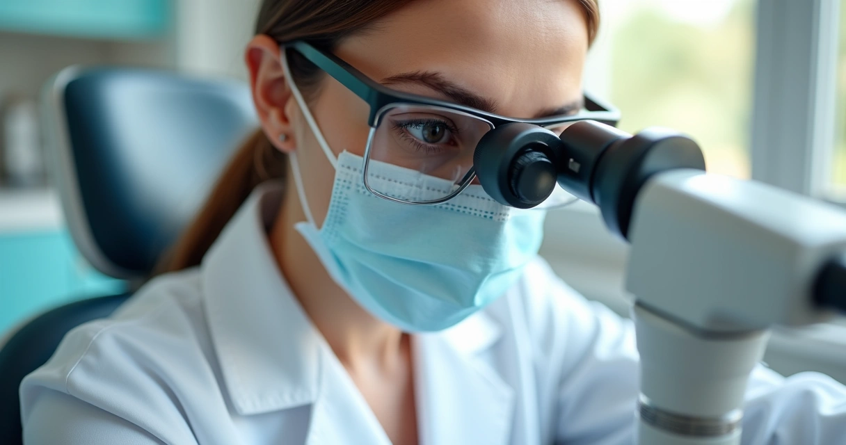 Dentista usando lupa binocular Galileu em consultório odontológico 