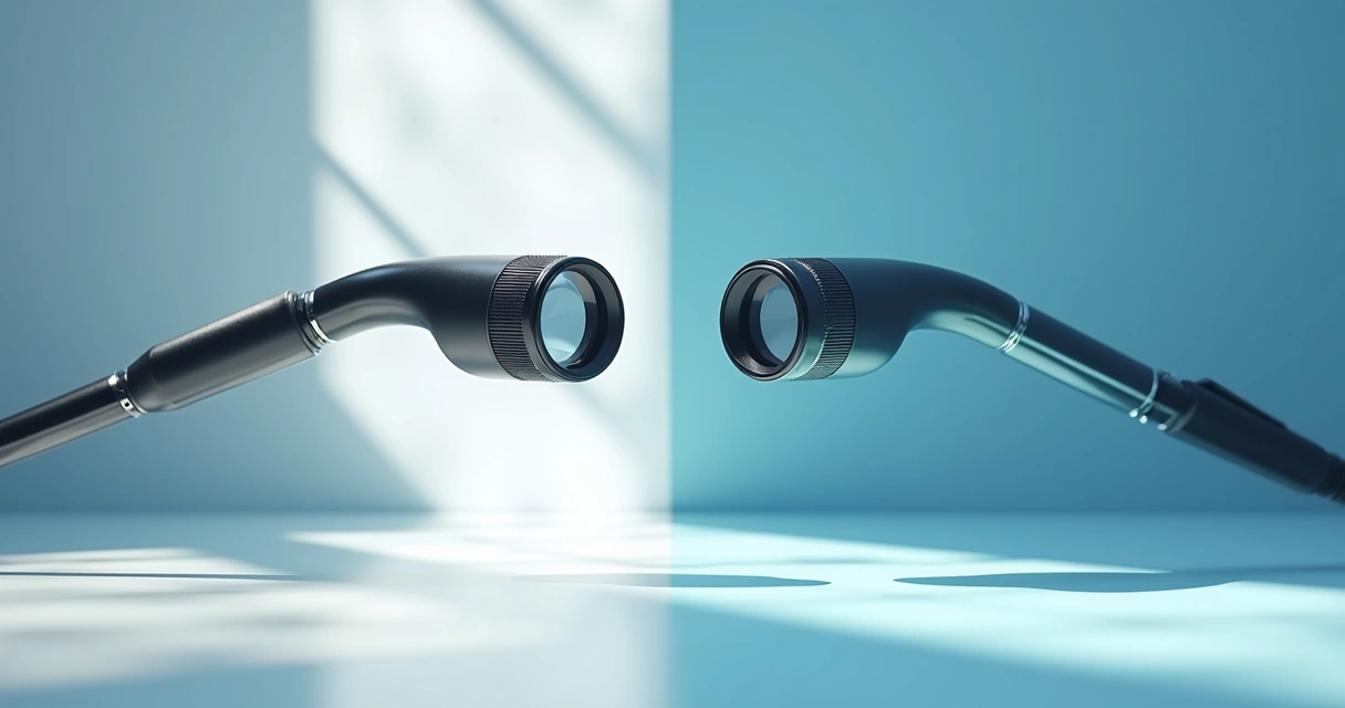 Ilustração de lupa galileu e lupa prismática lado a lado com diferença nos sistemas ópticos e design 