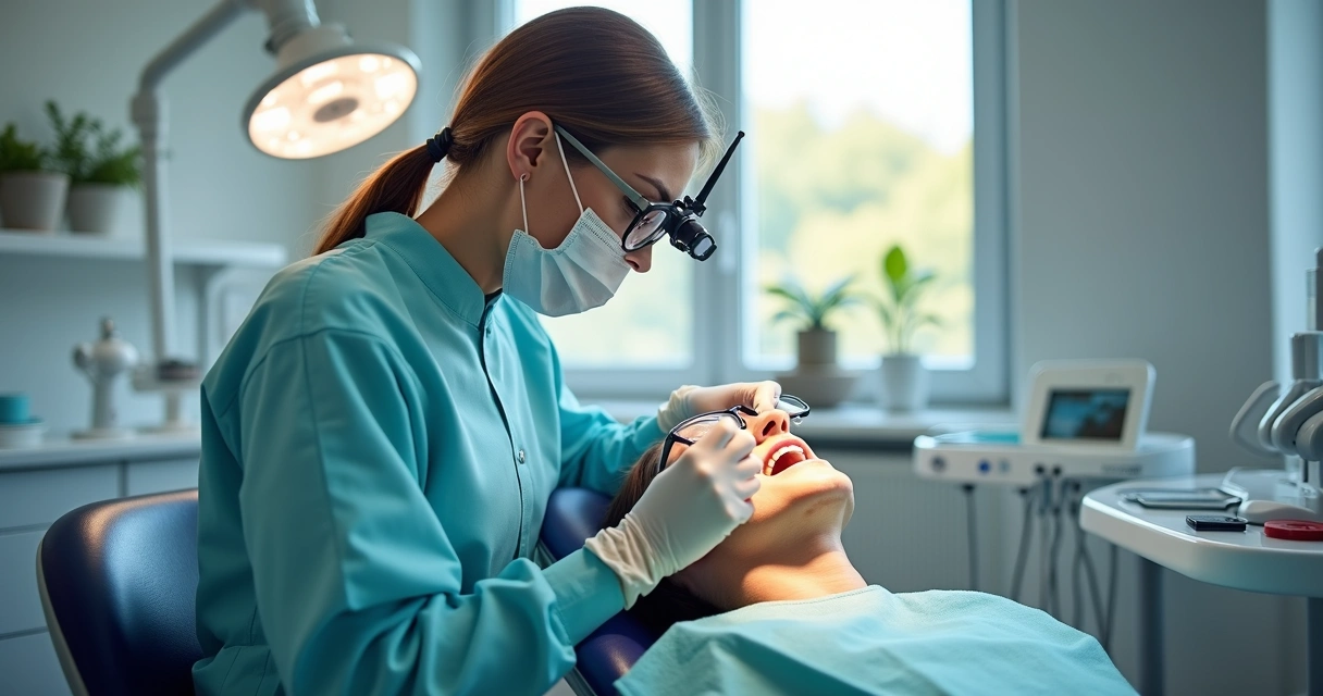 Dentista ajustando lupa binocular rostro enquanto trabalha em paciente 