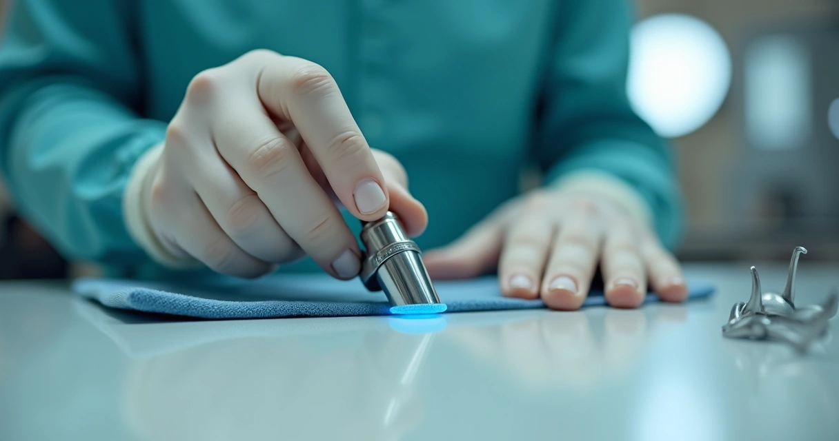 Profissional limpando lupa binocular com pano de microfibra em ambiente clínico 