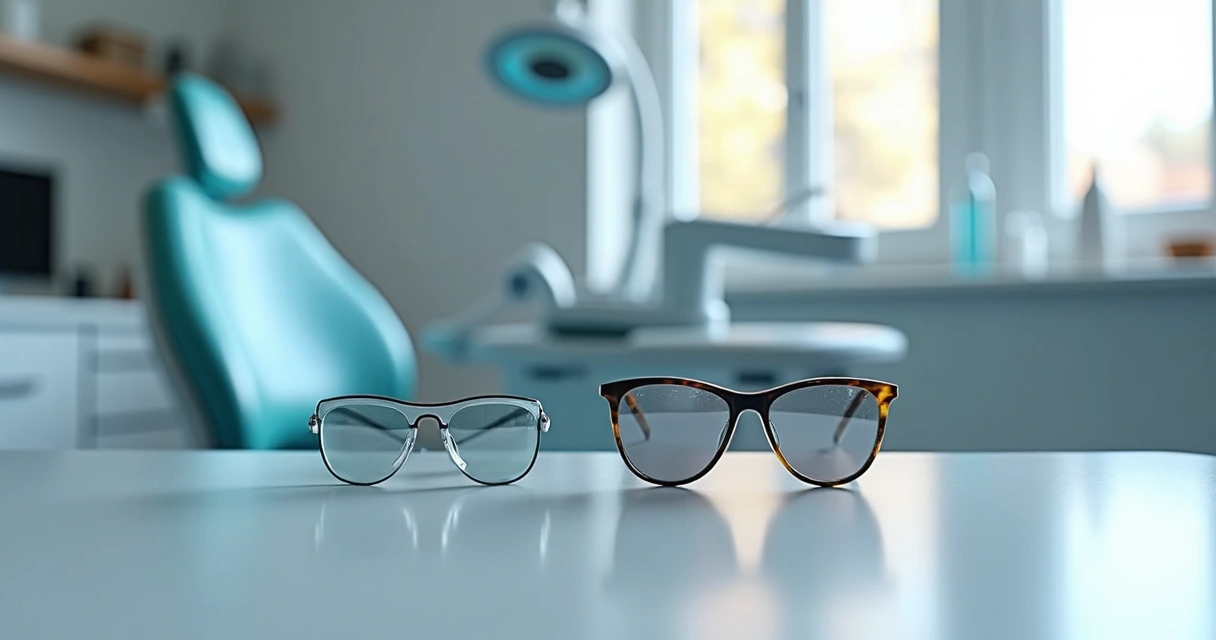 Lupas binoculares galileu e prismática sobre mesa de consultório odontológico com equipamentos ao fundo 