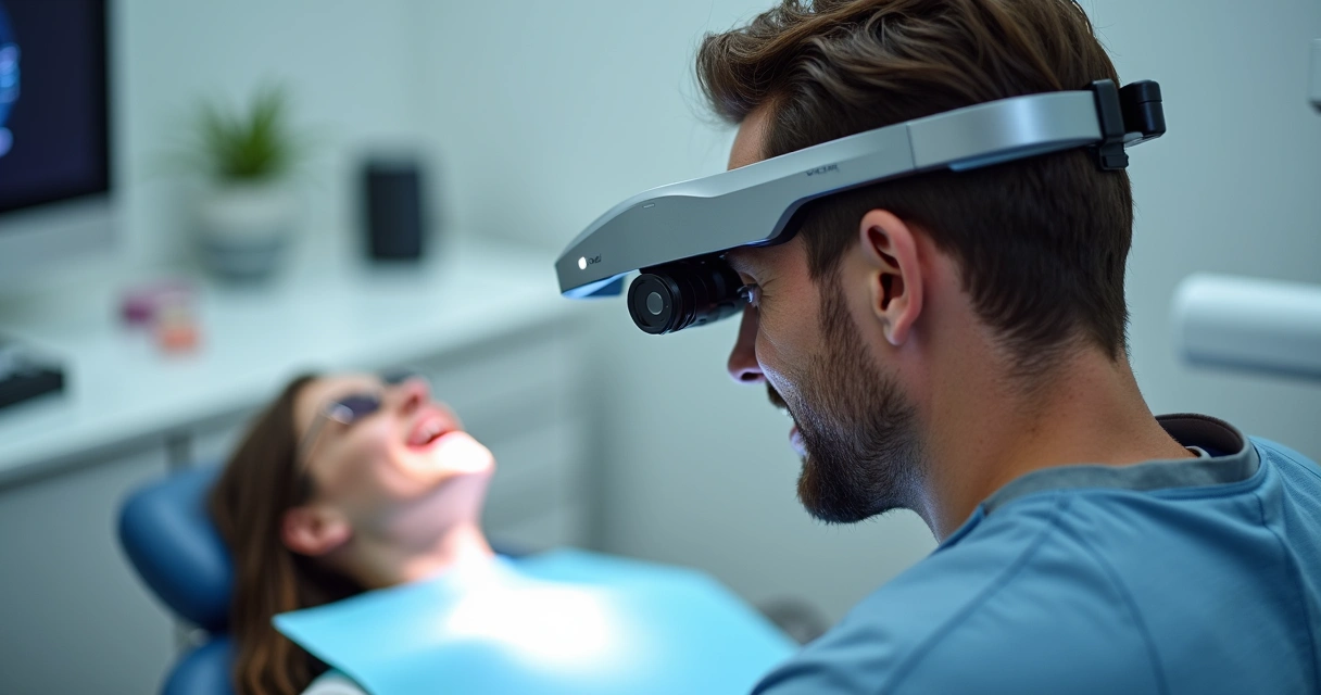 Dentista usando lupa Zumax com luz e filtro em consultório moderno 