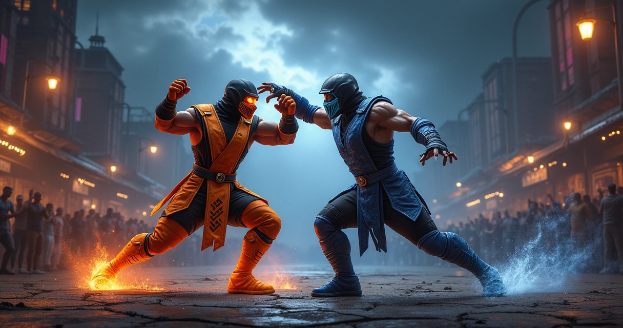 Cena intensa de luta no estilo de Mortal Kombat 11 com lutadores Scorpion e Sub-Zero em um cenário urbano.