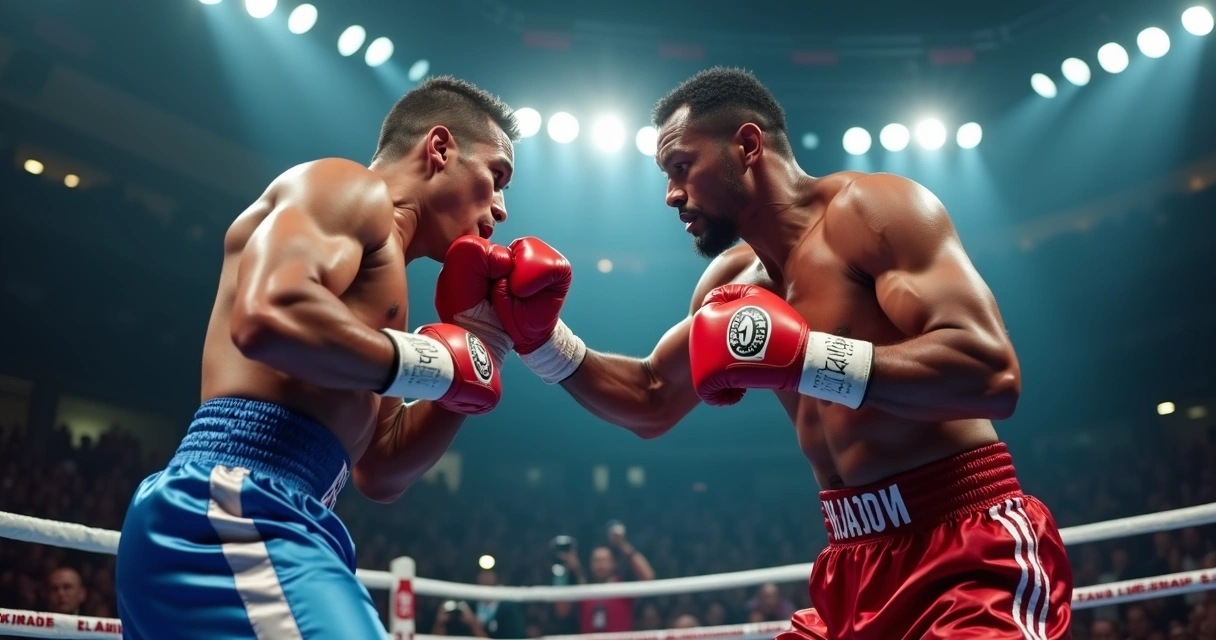 Dois lutadores de boxe durante combate no ringue 