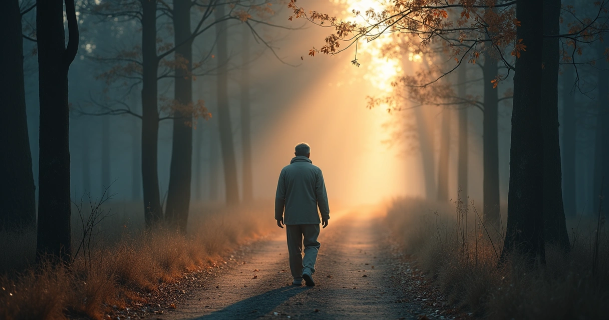 Pessoa caminha sozinha em trilha de floresta sob neblina suave 