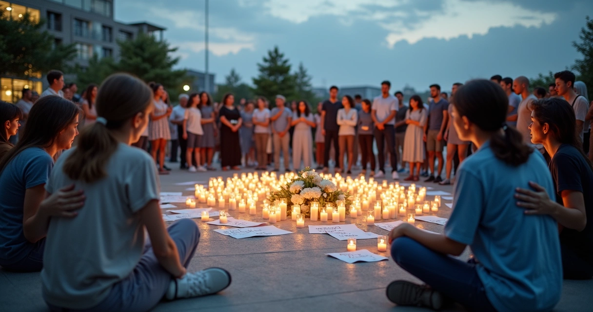 Grupo diverso em círculo abraçado em praça após tragédia social 