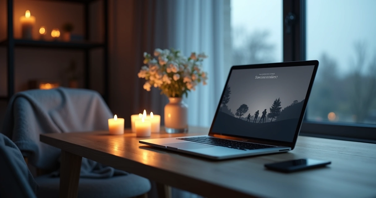 Mesa com velas acesas ao lado de notebook exibindo homenagem online em tons suaves 