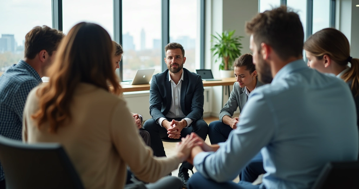 Equipe de trabalho reunida em círculo em um escritório em momento de luto coletivo 