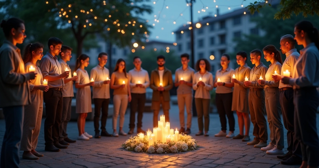 Grupo em vigília noturna com fitas de luz conectando pessoas em círculo 