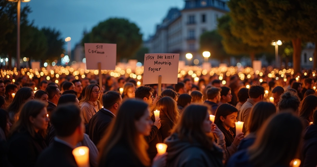 Multidão em vigília noturna segurando velas em silêncio 