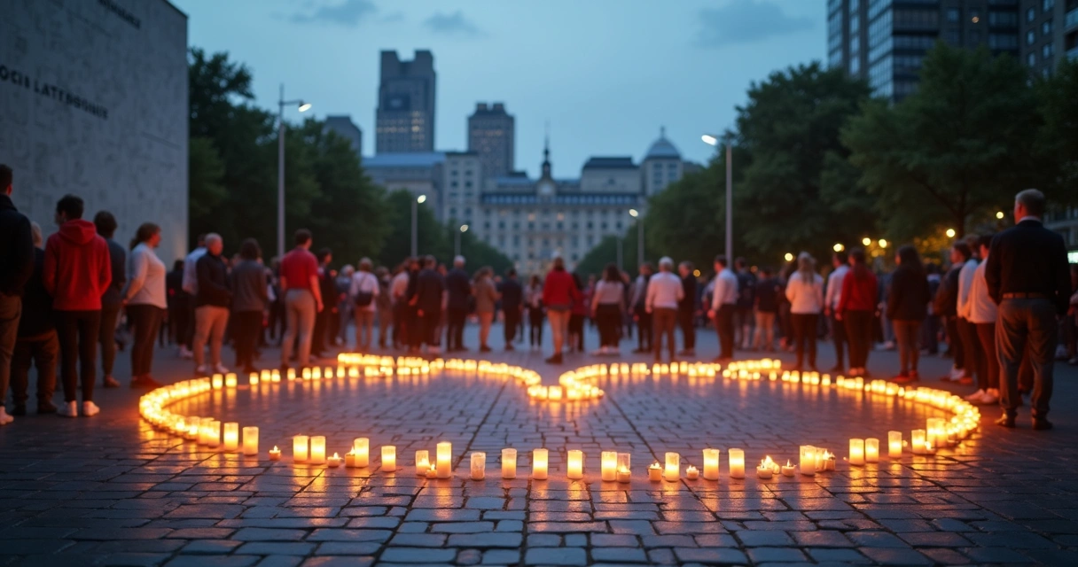 Grupo reunido em praça ao entardecer cercado por velas acesas 