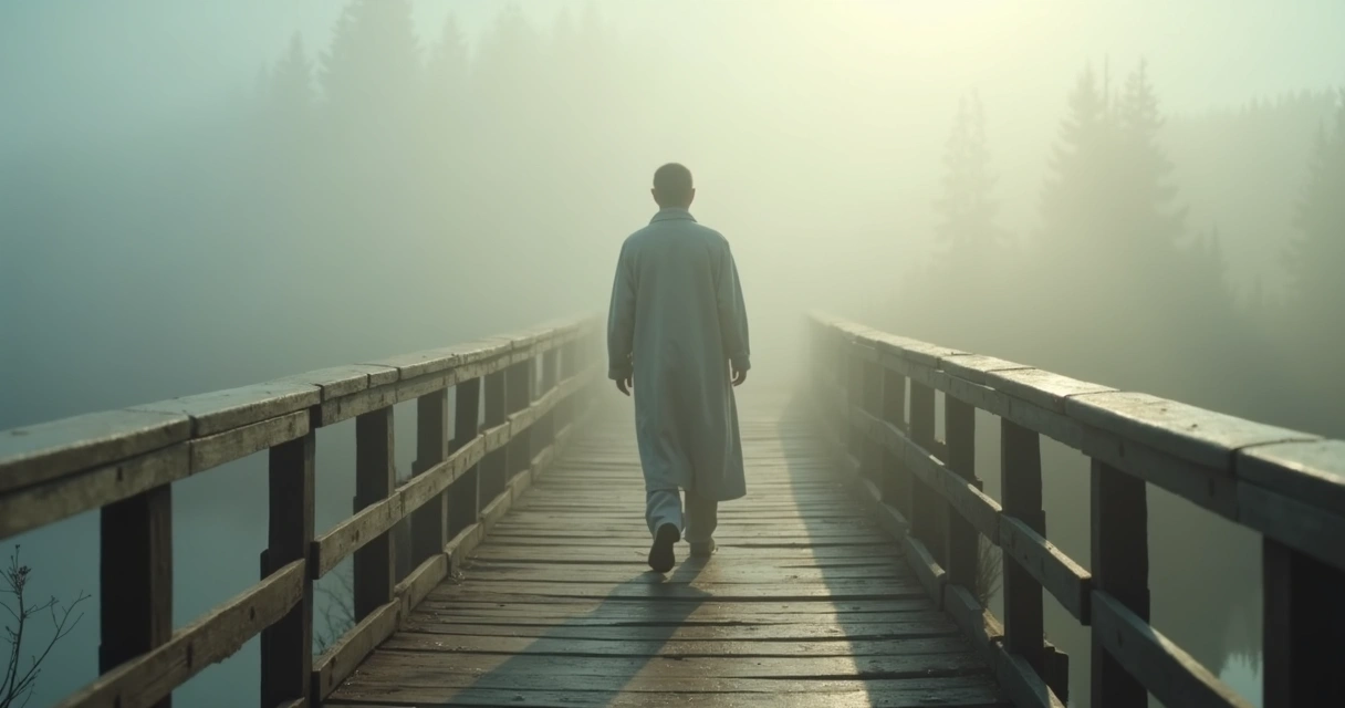 Pessoa atravessando uma ponte nebulosa representando passagem do luto 