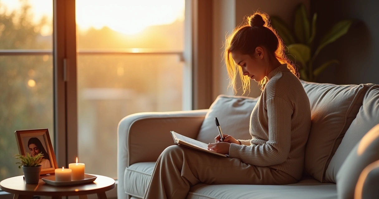 Pessoa sentada perto de janela segurando um diário em momento de luto e acolhimento 