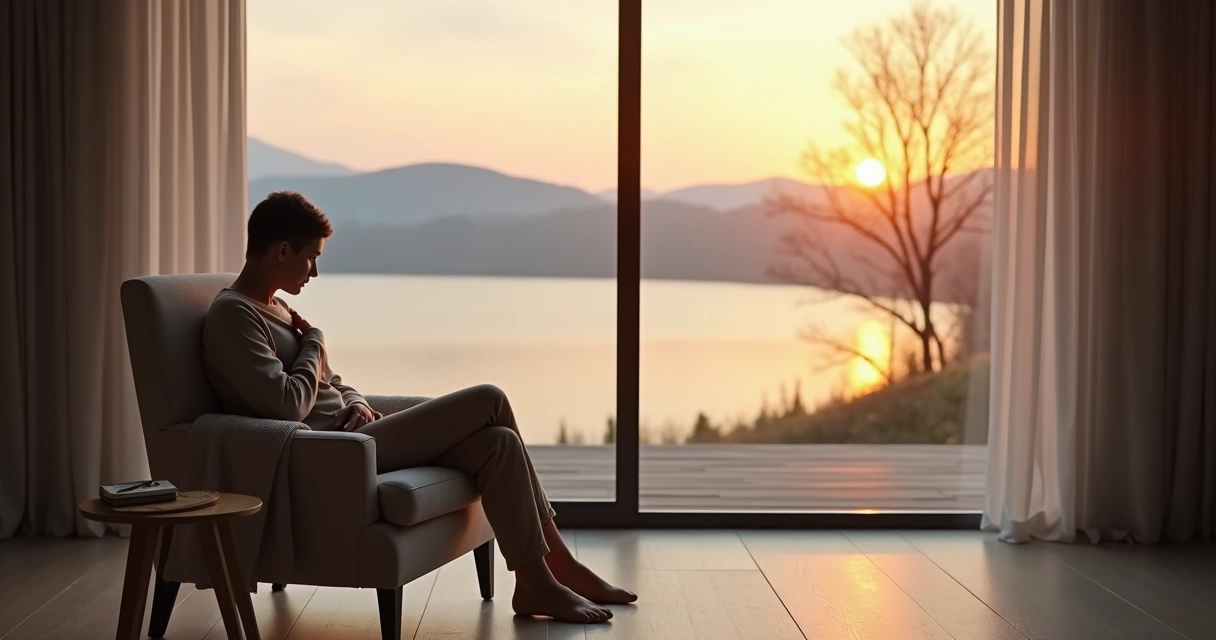 Pessoa sentada em frente a uma janela grande ao pôr do sol segurando o peito em gesto de acolhimento 