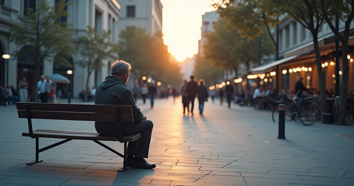 Pessoa em luto sentada em banco urbano cercada por símbolos de conexões sociais 