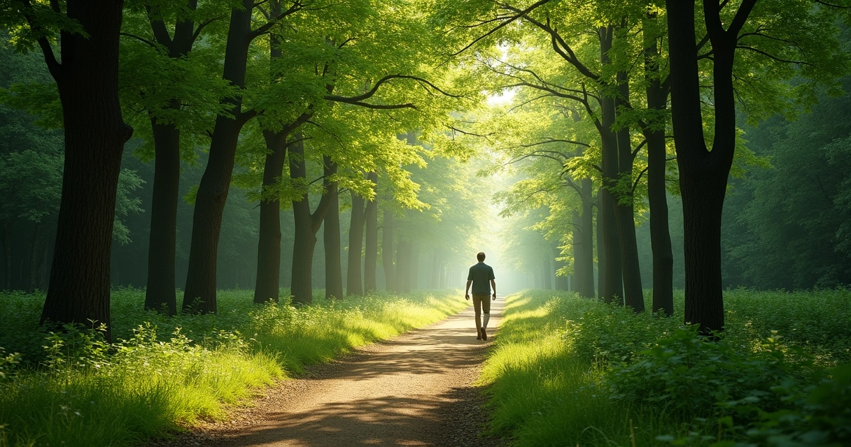 Pessoa caminhando sozinha em trilha rodeada de natureza 