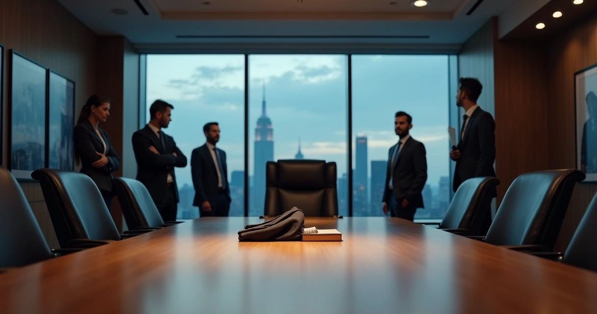 Equipe de escritório observando cadeira vaga de liderança em ambiente corporativo 
