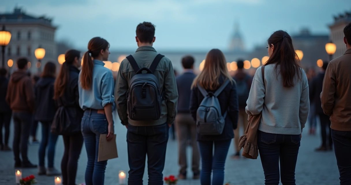 Multidão silenciosa em praça com fitas pretas simbolizando luto social 