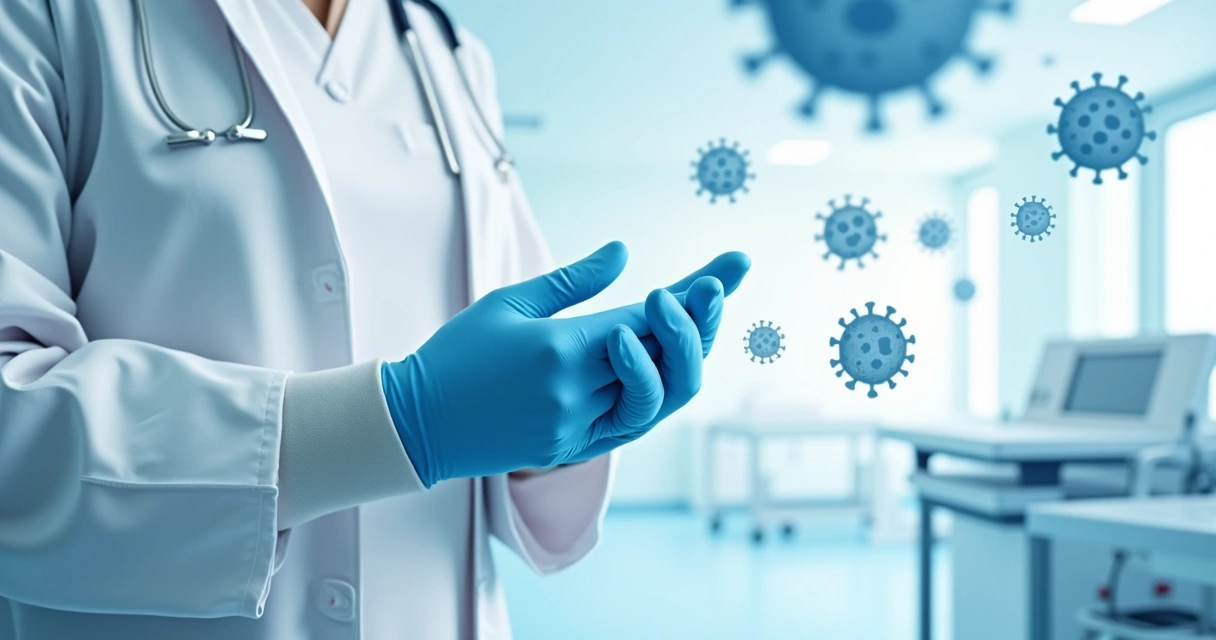Prevenção e gestão da contaminação cruzada com luvas em hospitais 1 Profissional de saúde colocando luvas cirúrgicas em um ambiente hospitalar