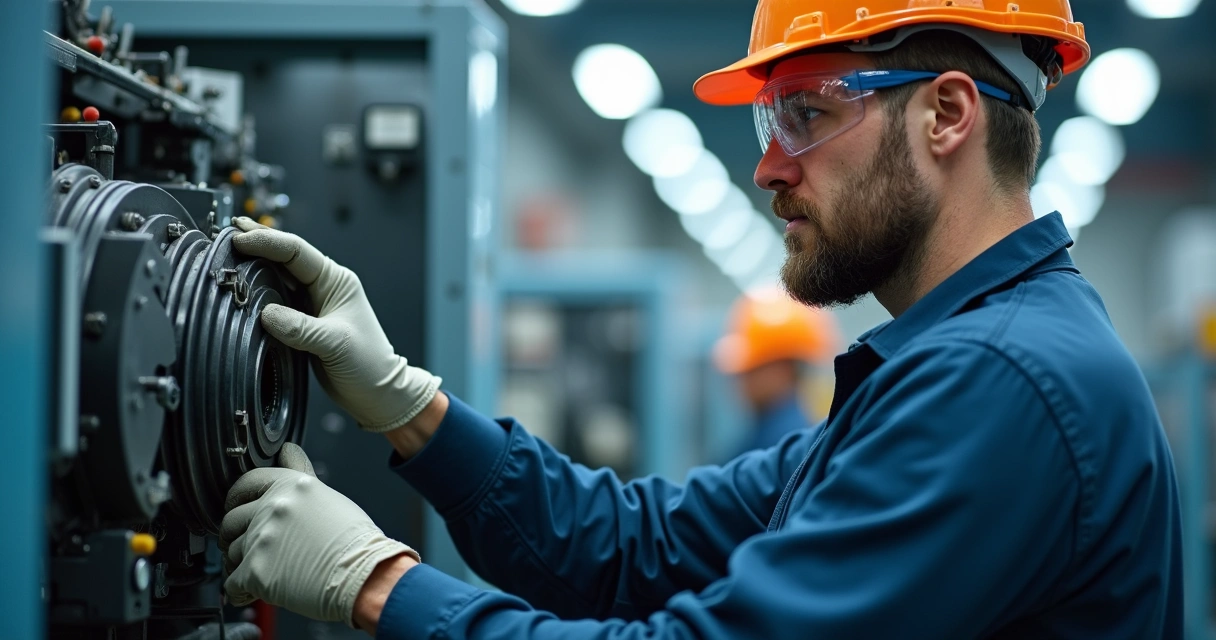 Funcionário da indústria usando luvas, capacete e óculos de proteção 