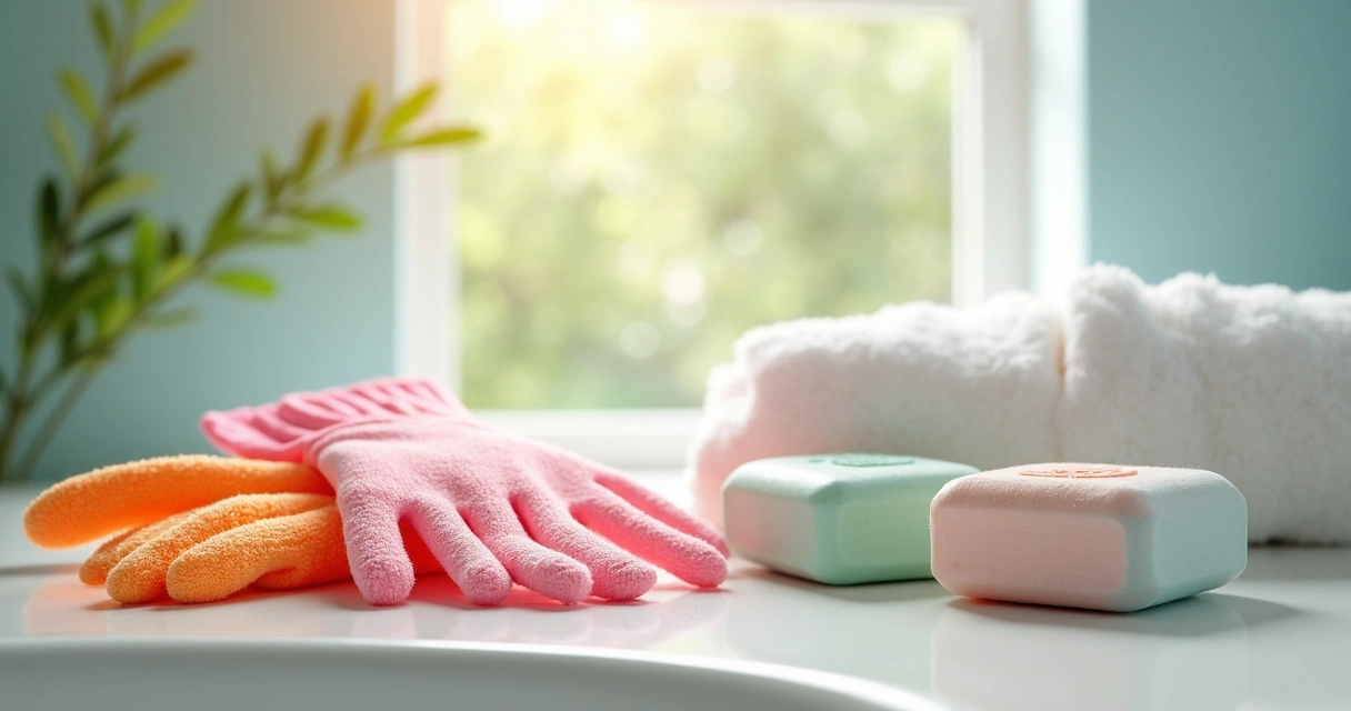 Luvas esfoliantes coloridas ao lado de sabonetes e toalha branca 