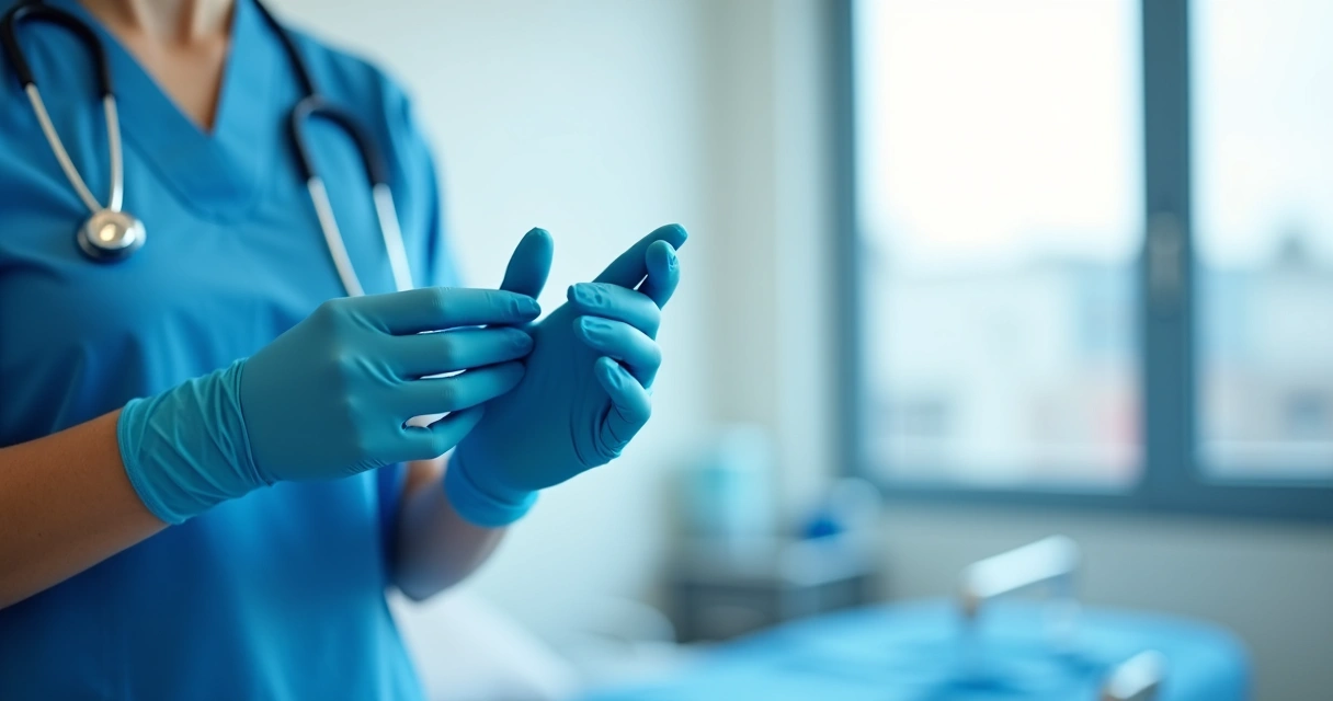 Orientações para higiene das mãos ao usar luvas não estéreis 1 Profissional de saúde colocando luva não estéril azul em ambiente hospitalar, plano fechado