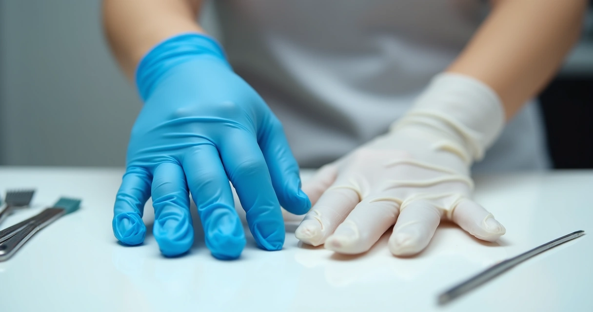 Luvas de nitrilo e látex lado a lado sobre bancada branca. 