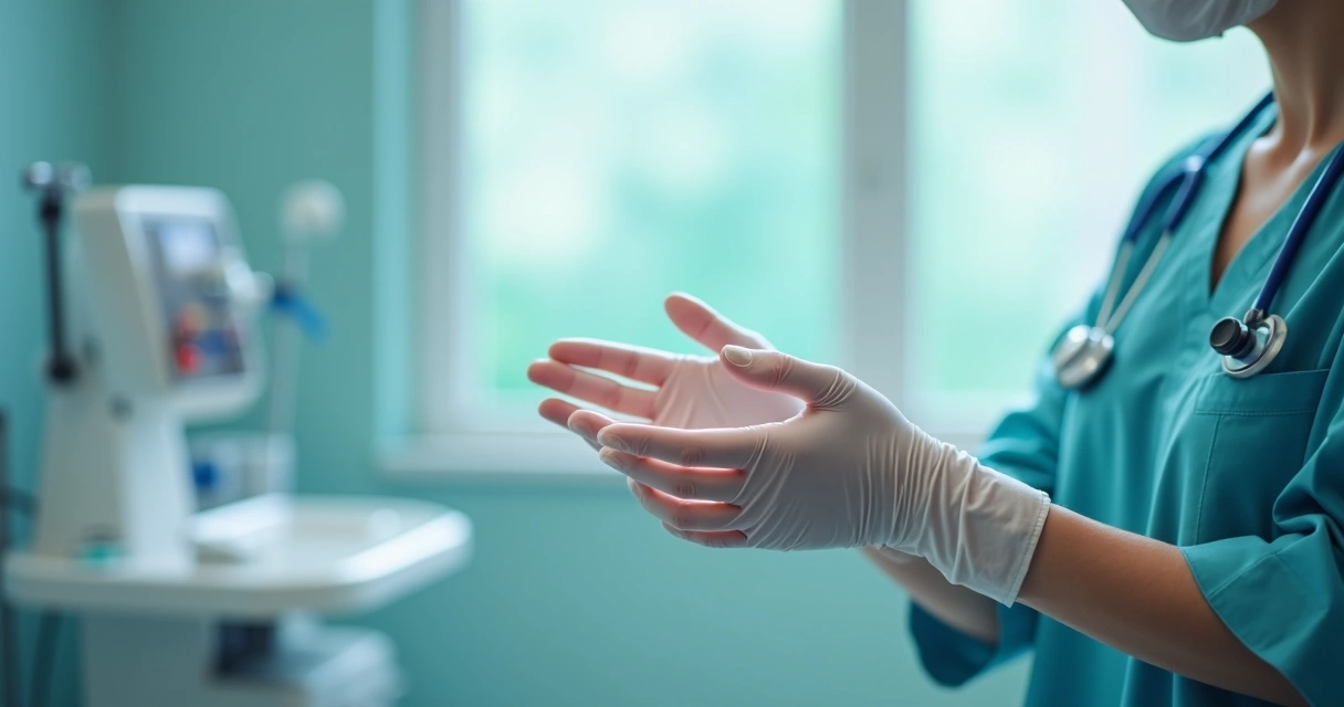 Profissional de saúde colocando luvas em ambiente hospitalar, mãos protegidas. 