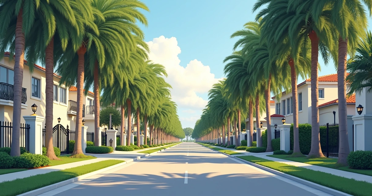 Tree-lined street with mansions in Windermere, Orlando 