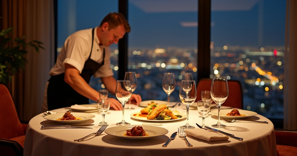Jantar de luxo servido em uma suíte de hotel com vista panorâmica 