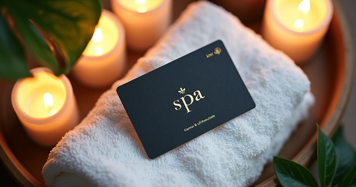 Cartão digital de vale-presente do spa sobre toalhas brancas e velas 