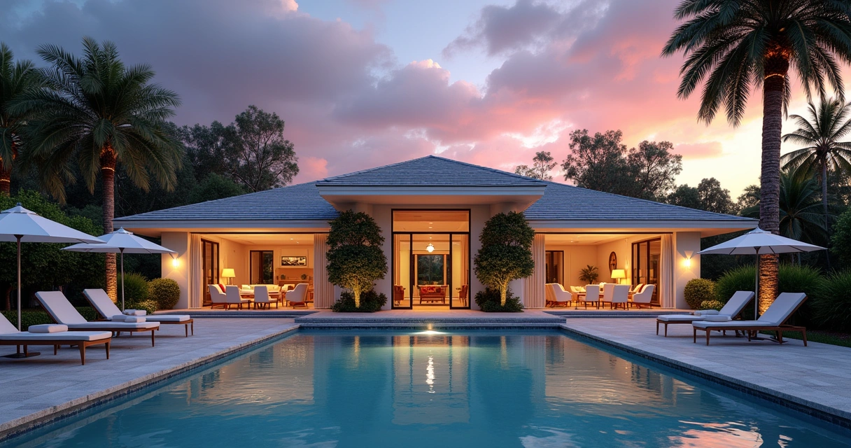 Luxury vacation home in Orlando, illuminated pool and modern decor