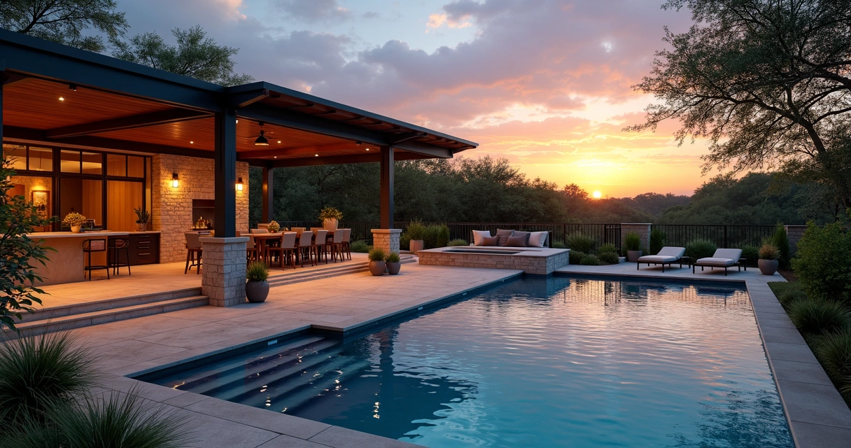 Luxury outdoor Austin patio with pool at sunset