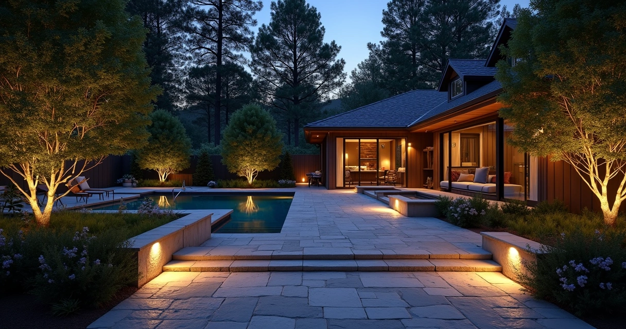 Luxury backyard pathway with safety lighting 
