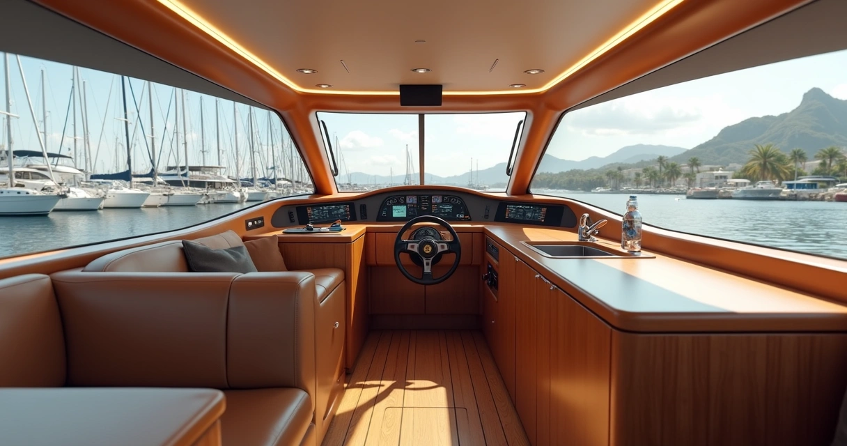 Cockpit view of a luxury boat with Italian design details 