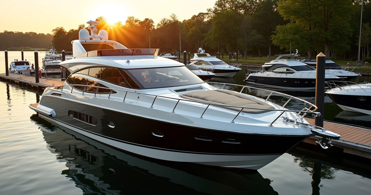 Luxury motorboat docked at Lake Norman marina during sunset 